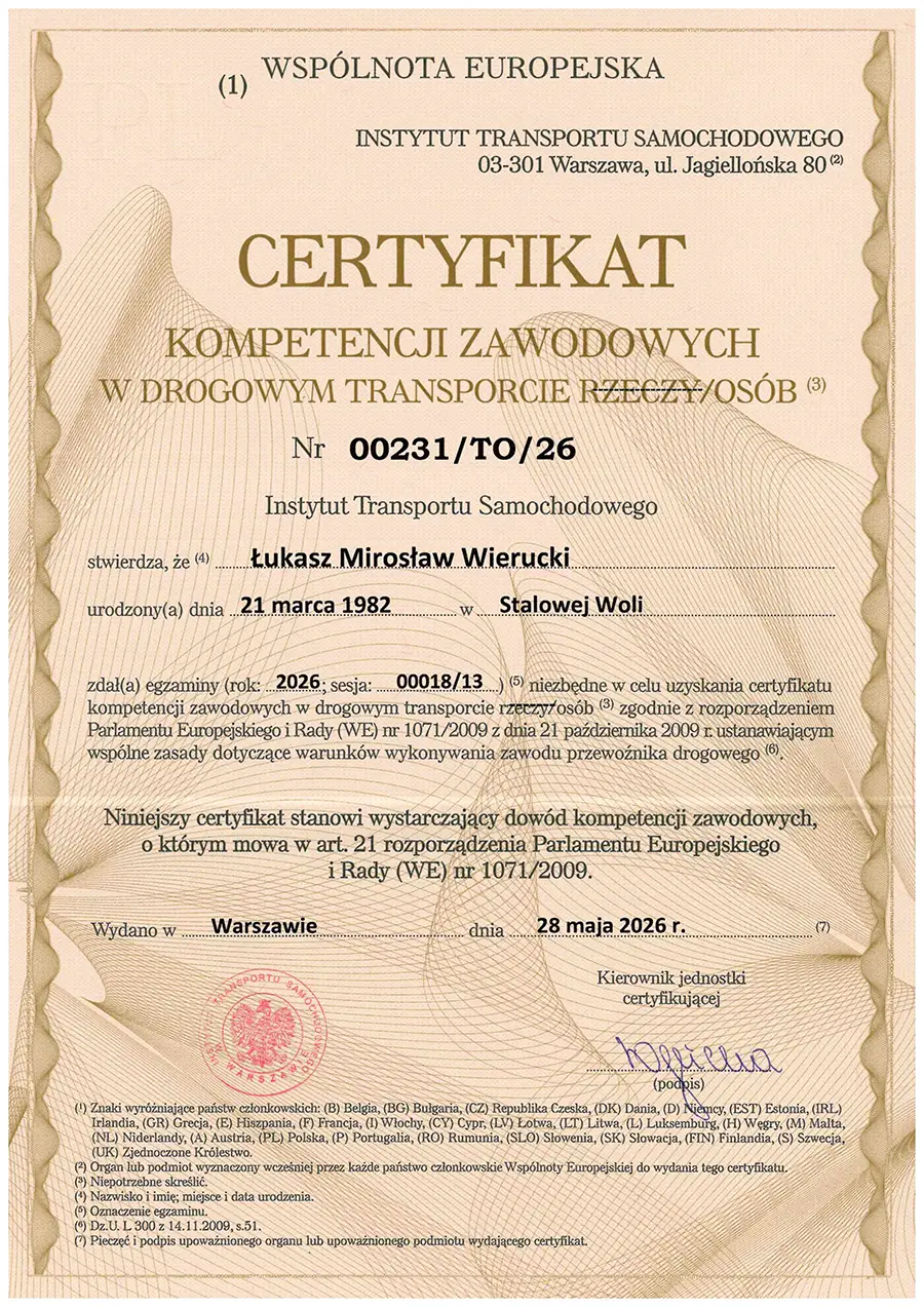 Certyfikat kompetencji zawodowych